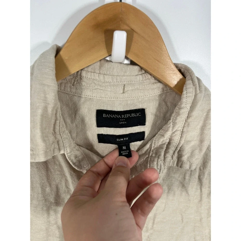 Banana Republic Mens Linen Blend Button Down Shirt M Beige Slim Fit Beach Resort